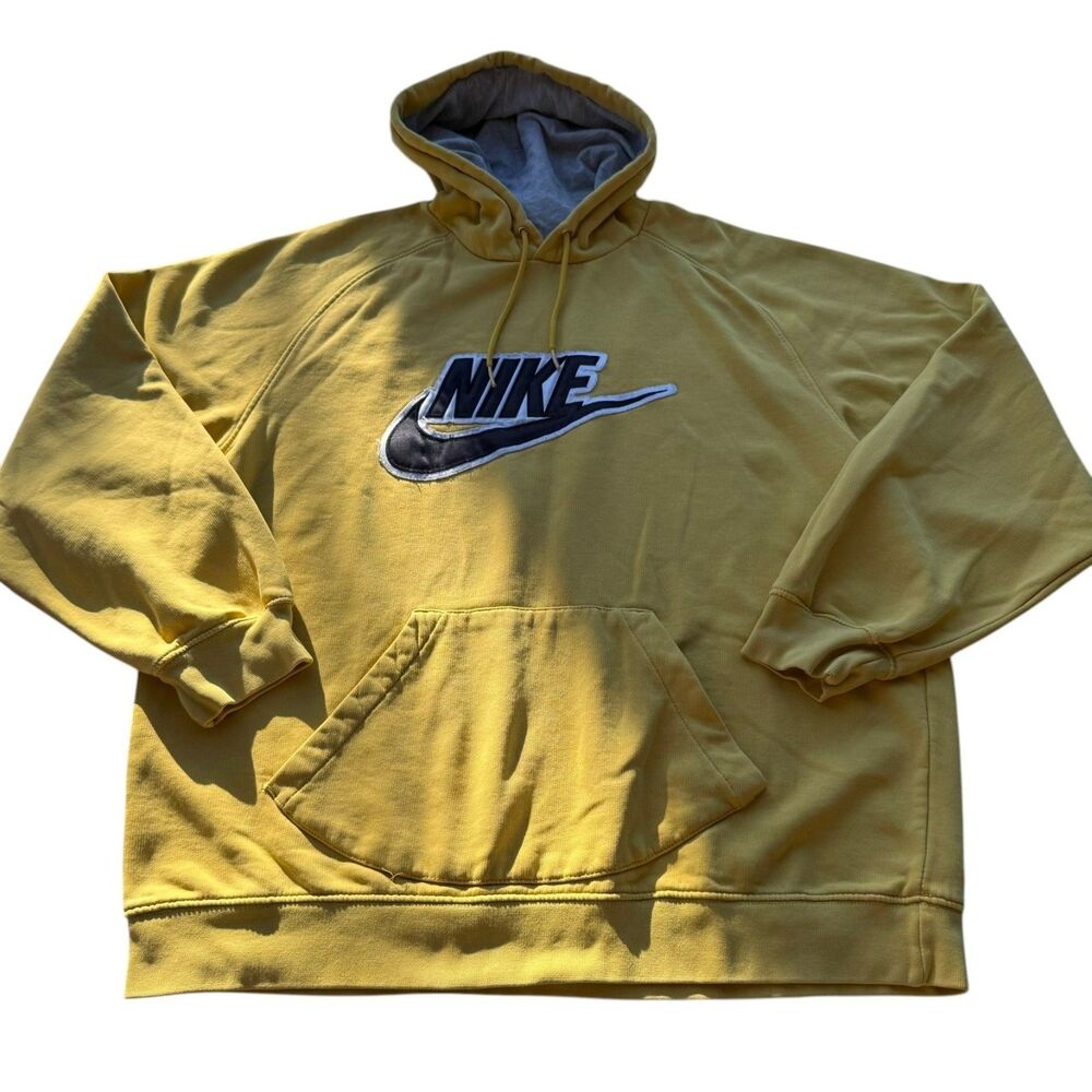 Vintage Nike Center Swoosh Hoodie Yellow Gray Spell Out Pullover Men s XL